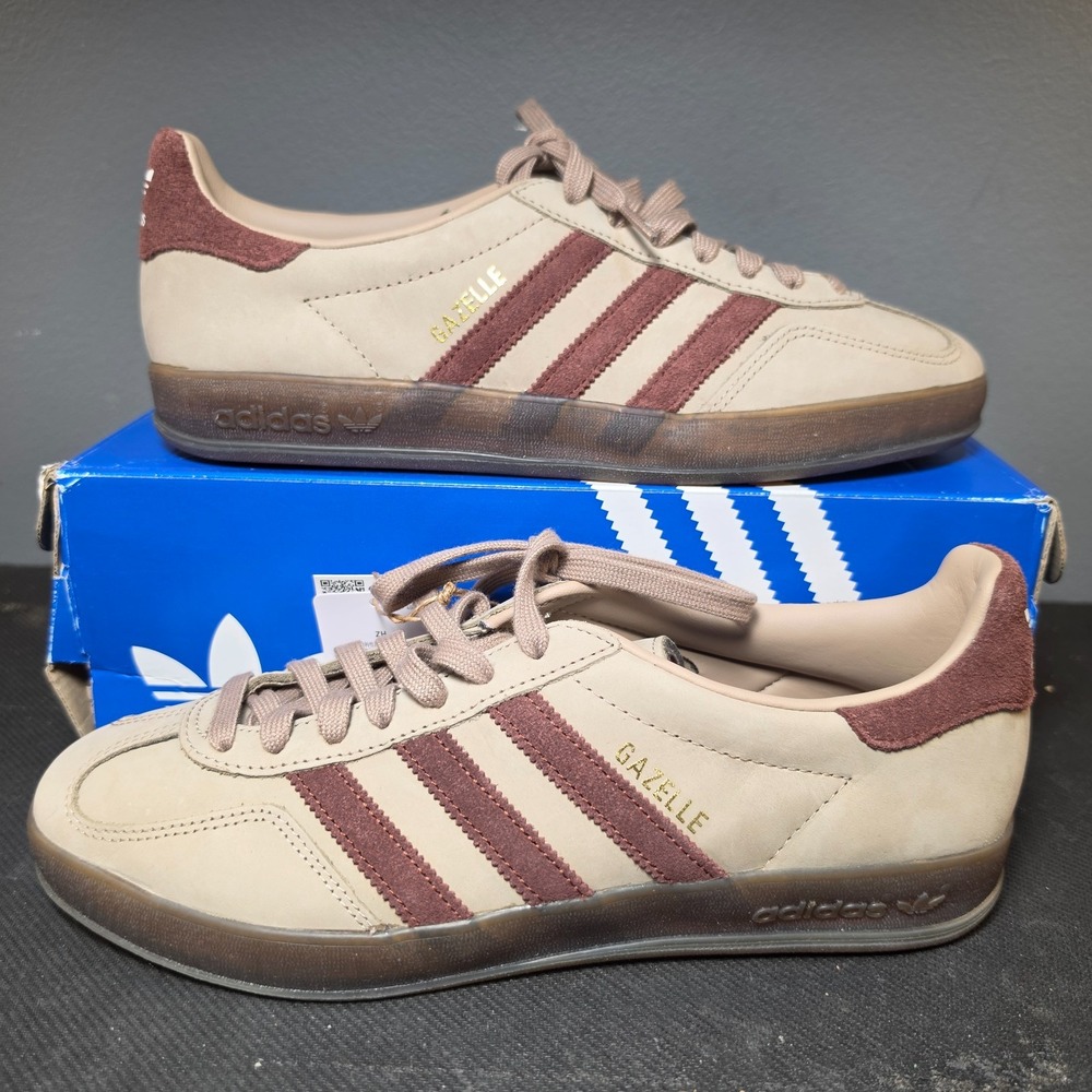 Men's 9.5 Women's 10.5 Adidas Gazelle Indoor JQ8387 Tan Burgundy Gum Suede NIB